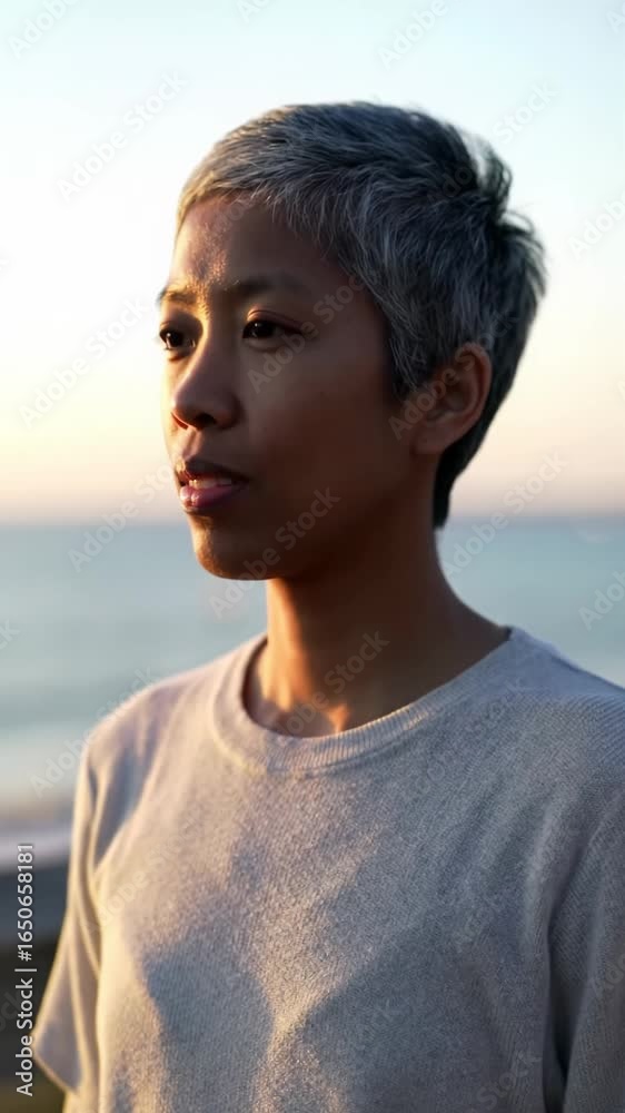 A diverse individual stands contemplatively on a pristine wooden boardwalk, gazing at a vast, shimmering ocean under a golden hour sky. A slow dolly-in and crane up reveal their mindful breathing and A diverse individual stands contemplatively on a pristine wooden boardwalk, gazing at a vast, shimmering ocean under a golden hour sky. A slow dolly-in and crane up reveal their mindful breathing and