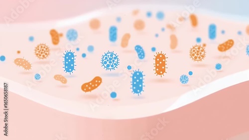 Gentle scientific animation of skin layers with balanced microbiome particles as a protective layer forms, soft pastel wellness vibe