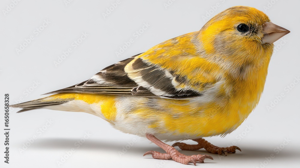 Fototapeta premium Small yellow bird with grey & white details perched on a white surface in a studio shot