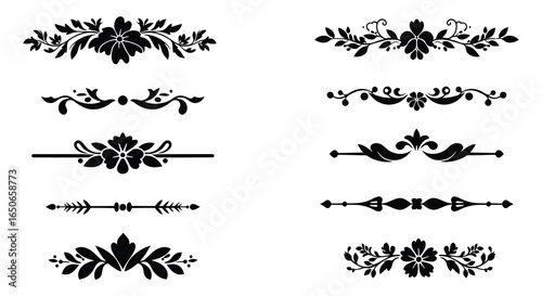 Collection of black floral and decorative borders and dividers on white background
