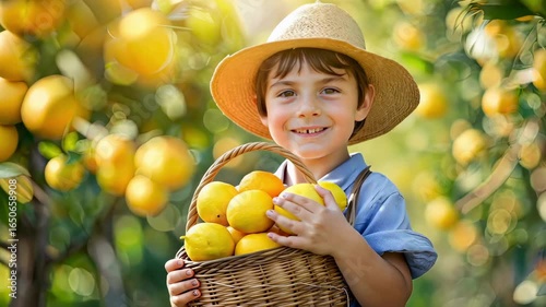 the child collects lemons. Selective focus