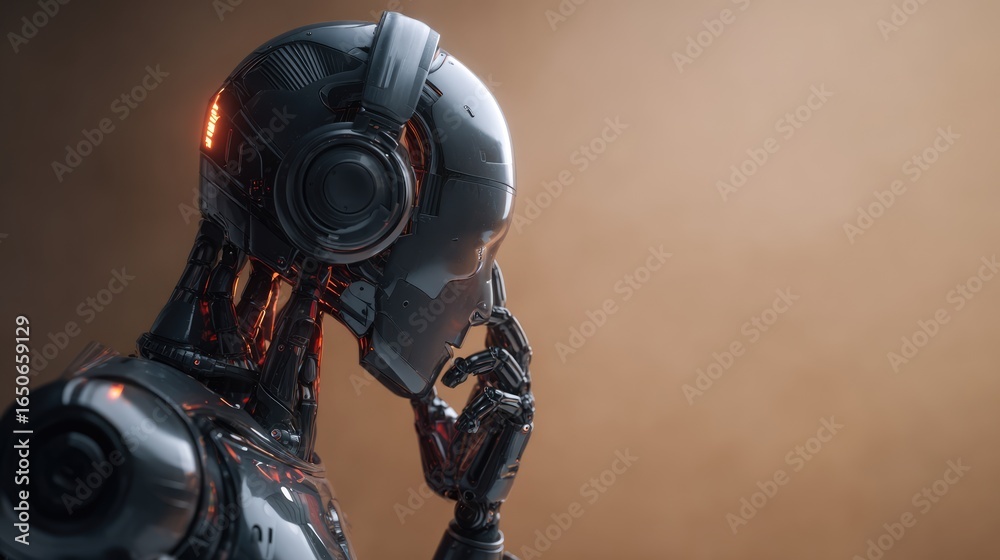 A modern cyborg contemplating a complex issue, with a thoughtful expression and futuristic design. The cyborg is immersed in deep thought A modern cyborg contemplating a complex issue, with a thoughtful expression and futuristic design. The cyborg is immersed in deep thought