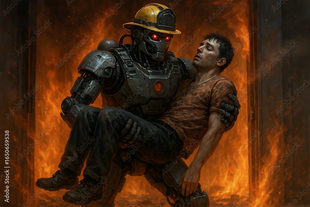 Fototapeta premium Heroic robotic rescue, futuristic AI robot saving lives in emergency scenario