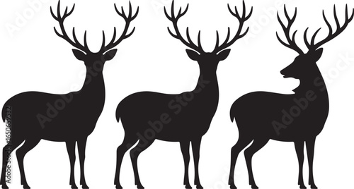 Three Black Silhouette Deer Facing Forward on White Background stag buck