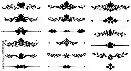 Collection of ornate black dividers and floral design elements on white background