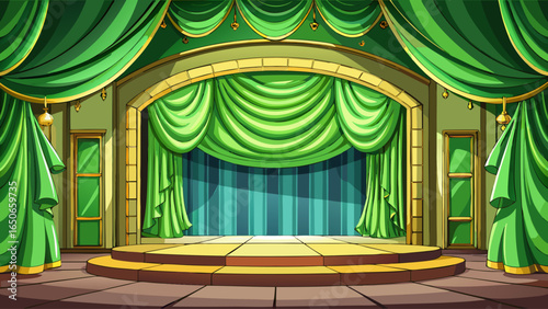 Luxurious green velvet curtains draping an empty theater stage, theater, stage, velvet, blue, luxurious, elegant