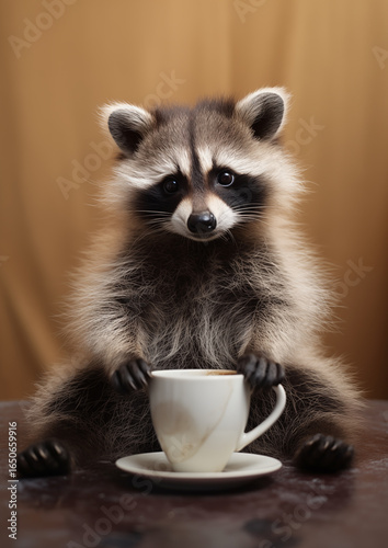 Raccoon holding mug of hot drink, cozy and cute, posing in studio portraits. Anthropomorphic woodland animals with charming expressions.