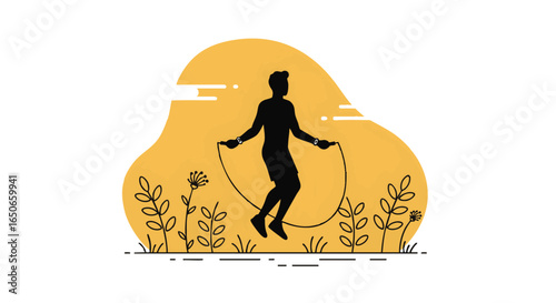Modern flat line art illustration showing a man's silhouette doing a cardio workout with a skipping rope in a natural outdoor setting