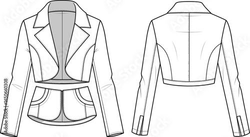 Cropped tailored jacket flat sketch, fashion CAD drawing vector template, front and back view, detailed technical clothing illustration