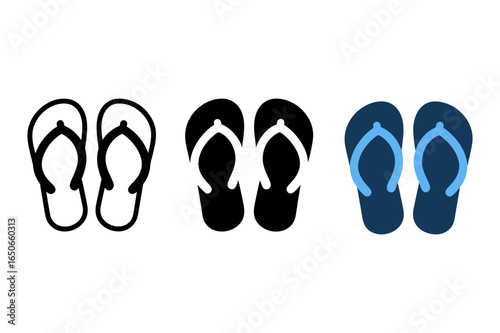 Illustration depicting three pairs of flip flops in varying styles and color schemes shown together