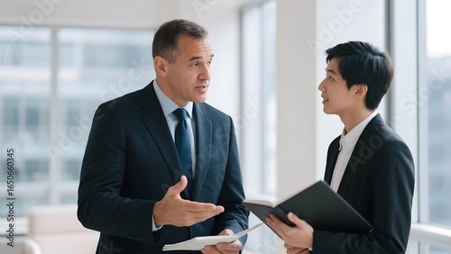 Two professionals in suits discussing documents in a modern office setting.