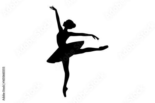 Silhouette of a ballerina in a tutu gracefully dancing with arms raised and one leg extended