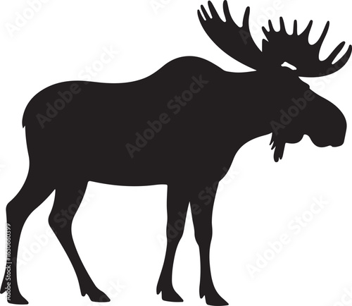 Black silhouette of a walking moose with large antlers on a white background animal wildlife