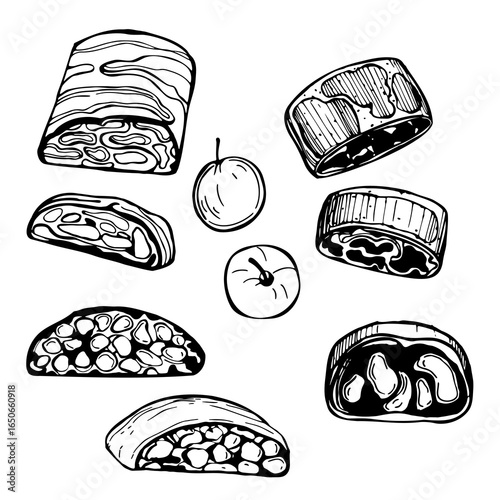 Hand-drawn traditional homemade apple strudel. Vector sketch illustration. 