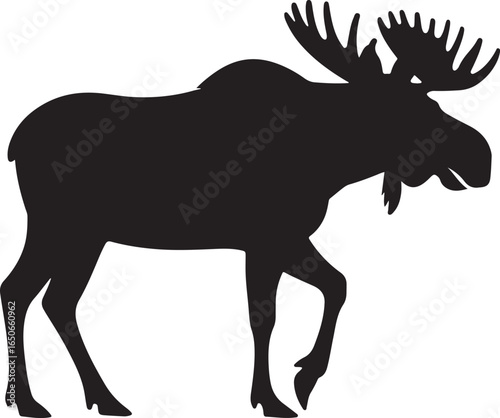 Black silhouette of a walking moose with large antlers on a white background animal wildlife