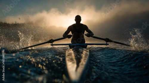 Rower at Maximum Exertion During Stroke in Serene Waterscape