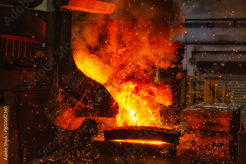A man in a fireproof suit and helmet turns over molten burning metal with fiery splashes from a ladle, which pours out in a fiery stream from a metallurgical furnace