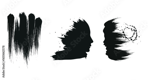 Black silhouette profiles with creative brush stroke effects on white background