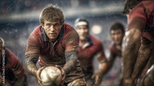 Intense Rugby Scrum Half Passing Ball from Ruck in Muddy Play