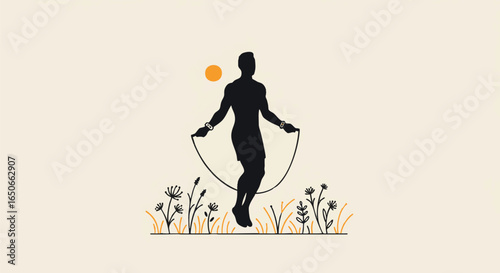 Vector illustration of a man's silhouette exercising with a jump rope in a minimalist natural landscape with flowers and sun