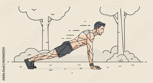 Vector illustration of a muscular athlete in a plank position. Outdoor workout concept with a futuristic digital wireframe design