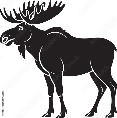 Black silhouette of a bull moose with detailed antlers and a beard on a white background animal wildlife