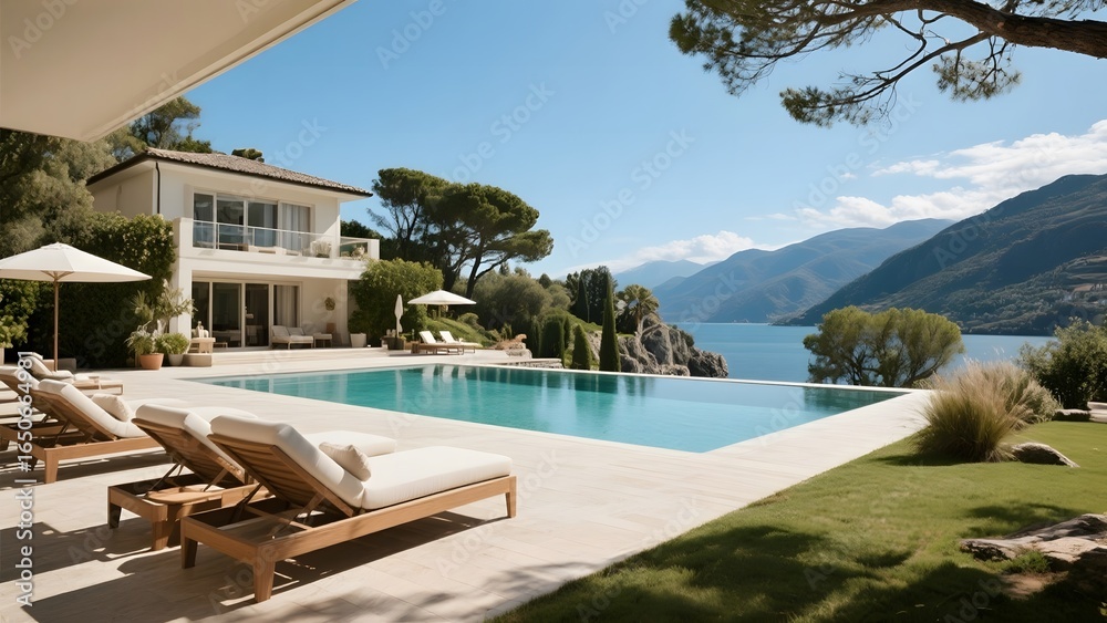 Fototapeta premium Luxury Villa with Pool Overlooking a Scenic Lake and Mountains