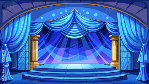 Luxurious cray velvet curtains draping an empty theater stage, theater, stage, velvet, blue, luxurious, elegant