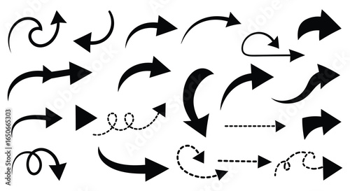Collection of various black arrows on white background