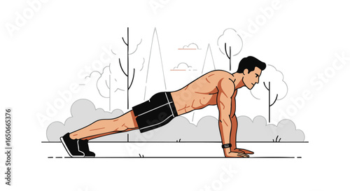 Vector illustration of a muscular shirtless man doing a plank exercise outdoors. Fitness concept showing bodyweight training, core strength, and a healthy lifestyle