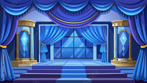 Luxurious cray velvet curtains draping an empty theater stage, theater, stage, velvet, blue, luxurious, elegant