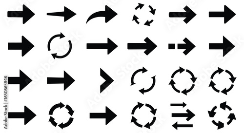 Collection of various black arrow icons on white background
