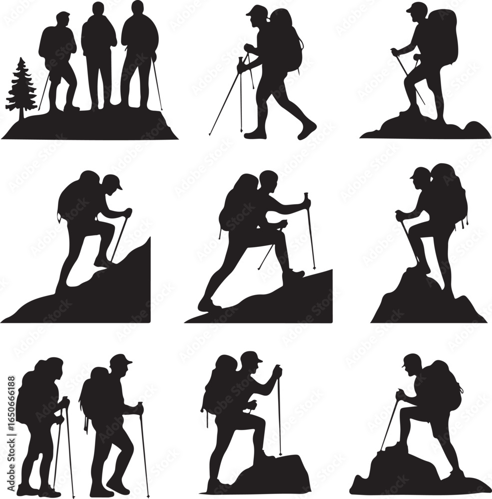 Obraz premium Hiking Silhouette Vector – Outdoor Adventure IllustrationHiker Silhouette Vector Bundle – Mountain and Trail DesignHiking Vector Illustration – Backpacking and Nature Silhouette Set