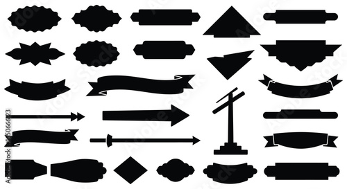 Collection of various black label and banner shapes and icons