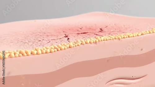 Soft medical animation of a skin barrier breaking under stress then repairing with ceramides as a calm shield forms and redness fades