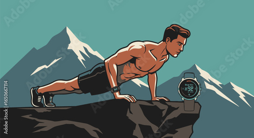 Man doing push-ups on a mountain cliff while looking at his smartwatch, demonstrating outdoor fitness and endurance