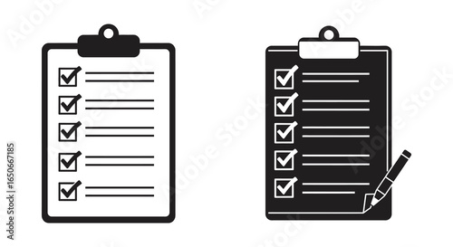 clipboard icons with checklists and pen on white background