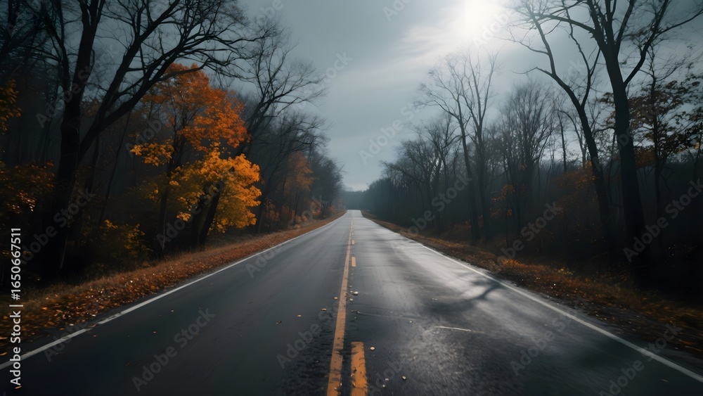 Fototapeta premium Autumn Road Lined with Bare Trees and Falling Leaves Under a Bright Sky