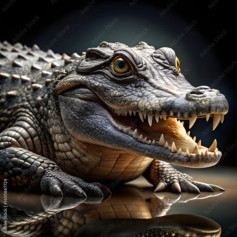 Fototapeta premium Alligator with open mouth and yellow eyes on dark background