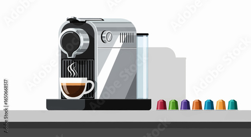 Modern capsule coffee machine with a fresh cup of espresso and colorful pods, illustrating the convenience of a home brewing morning ritual.