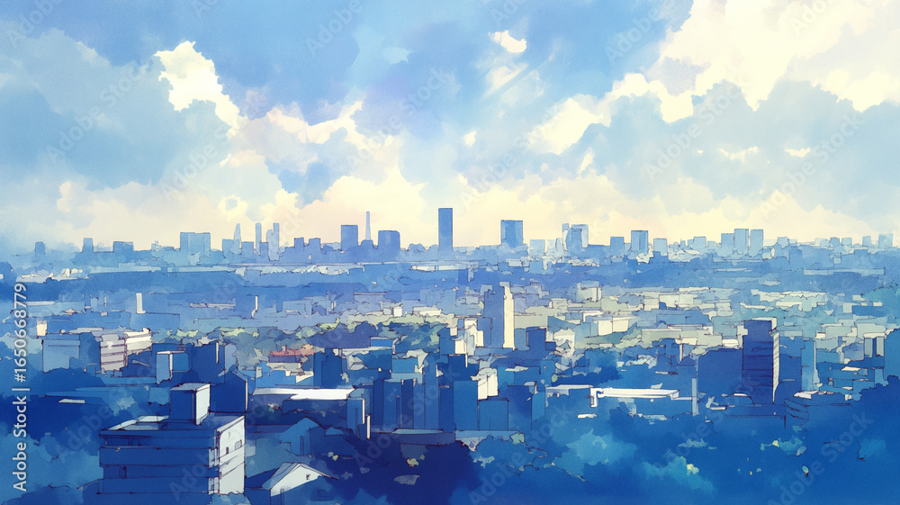 Obraz premium 広がる青空と太陽の光に照らされた大都市の景色を水彩画タッチで表現した幻想的なイラスト。透明感と柔らかさを兼ね備えたパノラマビューが印象的なアート背景デザイン。
