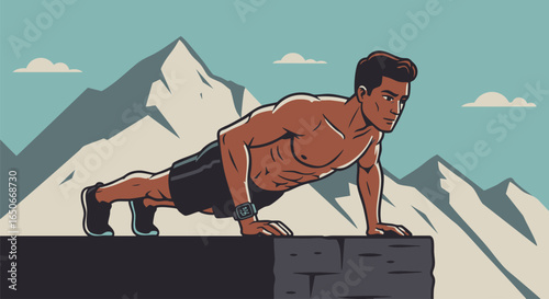 Illustrative vector of a fit athletic man performing a push-up exercise against a scenic mountain landscape