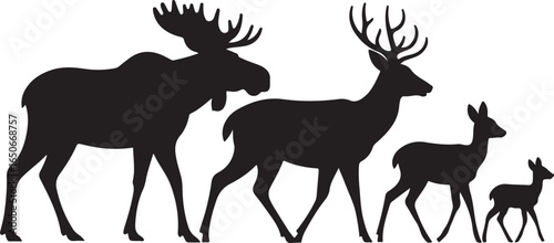 Silhouettes of Moose and Deer Family Walking on White Background stag fawn