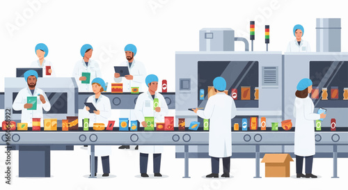 Automated food production line with factory workers in uniform ensuring quality control of consumer goods.