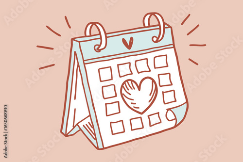 High quality Hand Drawn Desk Calendar with Heart Symbol and Rays illustration