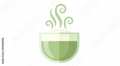 Minimalist vector illustration of a steaming hot bowl of green soup or matcha tea, concept for healthy food, wellness, and comfort.