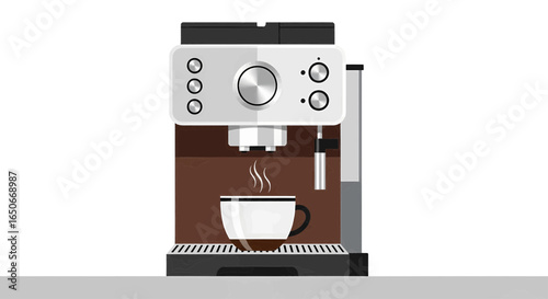 Vector illustration of a modern automatic espresso coffee machine brewing a fresh, hot cup of coffee with steam rising, isolated on a white background.