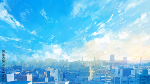 水彩画風のタッチで描かれた壮大な大都市のパノラマビュー、青空と太陽の光が優しく広がり街並みを照らす風景。透明感と柔らかい筆致で都会の魅力を幻想的に表現した背景イラスト。