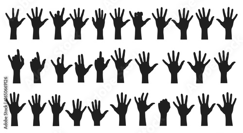 Many hands raised in different positions on white background