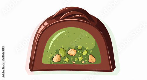 Cross-section of a gourmet chocolate truffle filled with creamy pistachio ganache and crunchy nut pieces